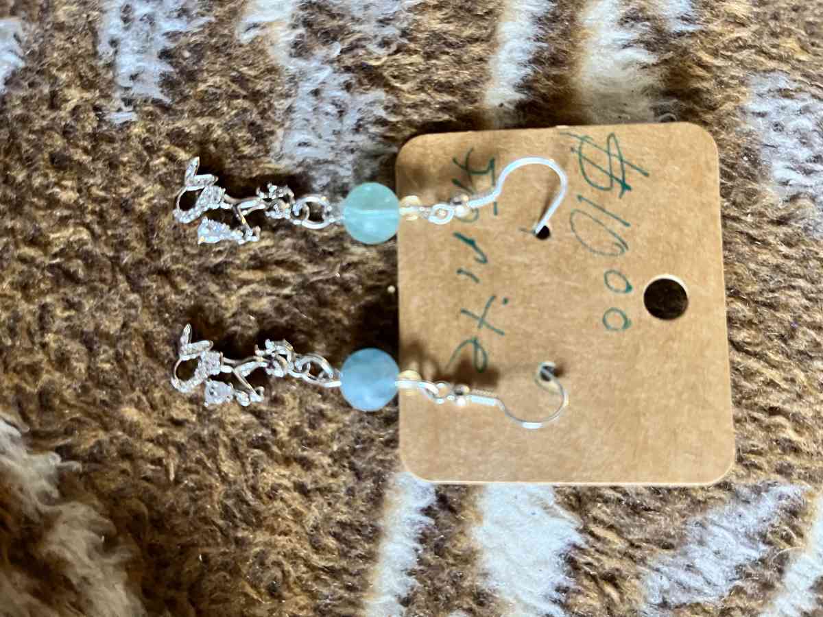 silver toned mermaid and fluorite earrings