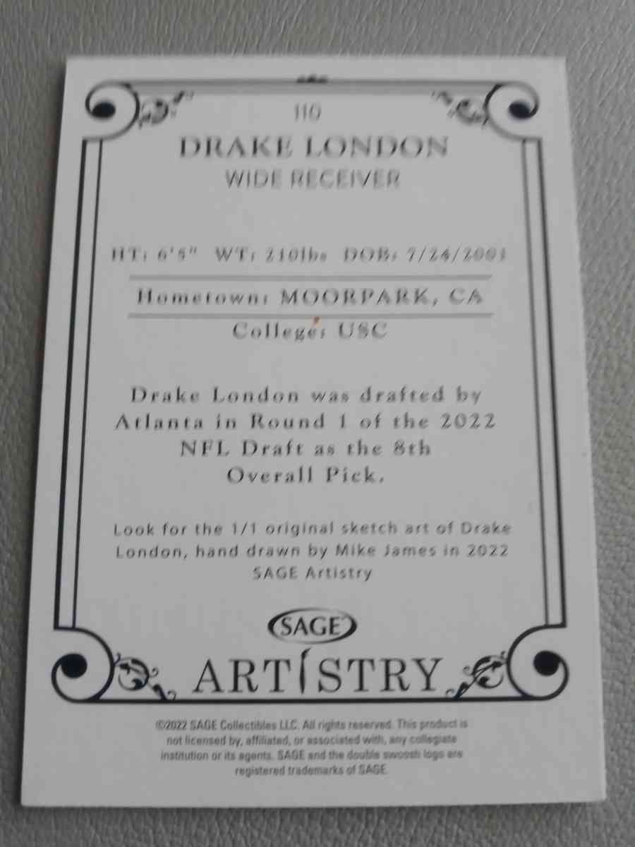 2022 SAGE ARTISTRY  DRAKE LONDON 110  RC ROOKIE CARD