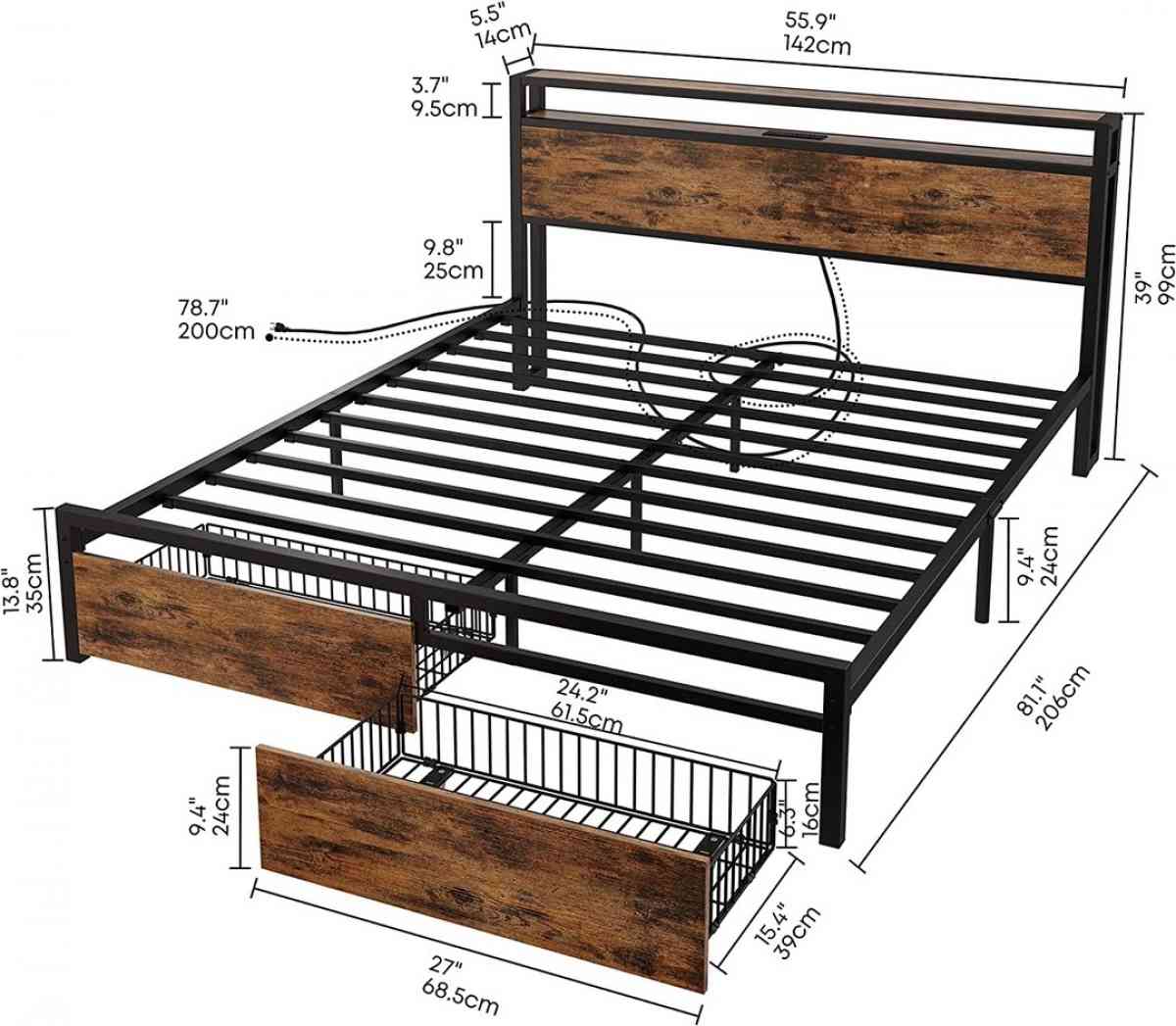 Full Size Bed Frame with Storage Drawers Platform Bed with H