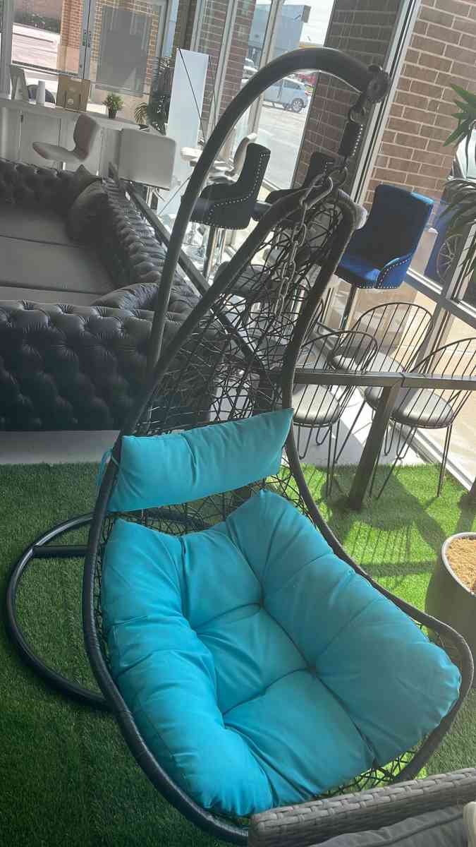 Egg chair for patio sectional with blue cushions  we have de