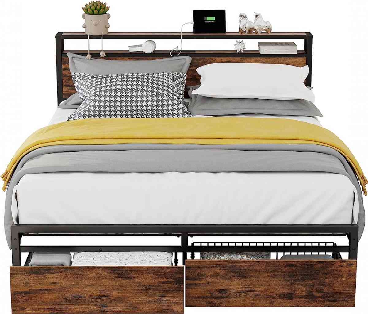 Full Size Bed Frame with Storage Drawers Platform Bed with H
