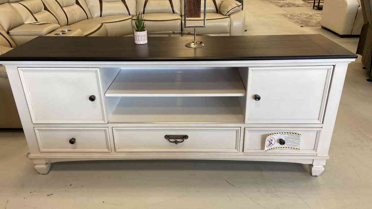 White with wood top 65 tv stand with slide doors we have del