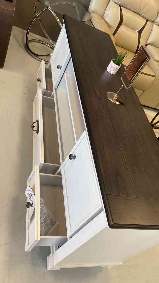 White with wood top 65 tv stand with slide doors we have del