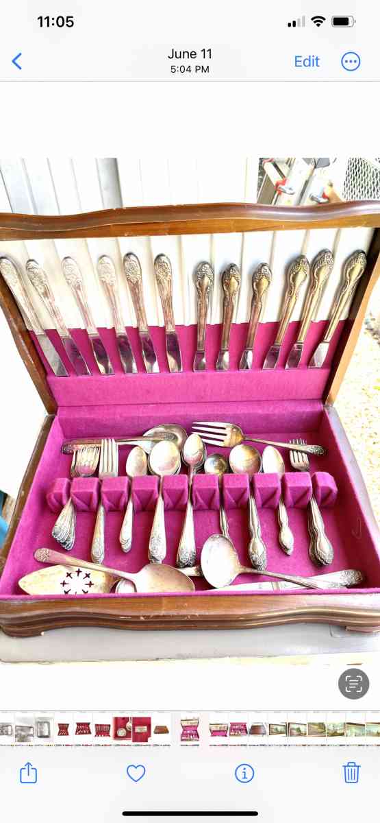 Antique triple dipped silver plated silver ware sets in wood