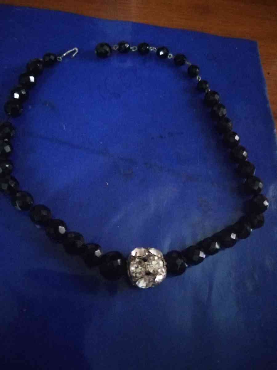 Obsidian and Glass Rhinestone Necklace