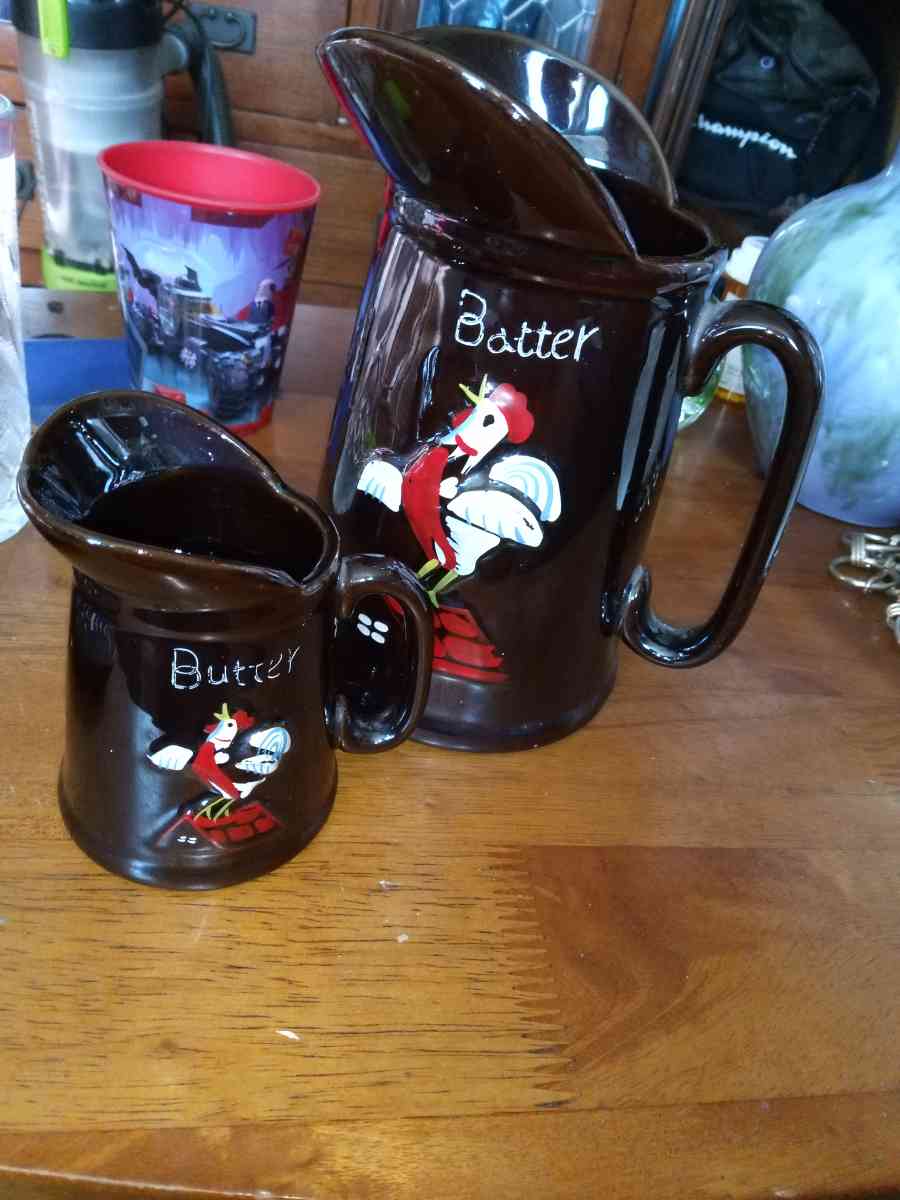 Redware Rooster decor Batter and Butter Pitchers