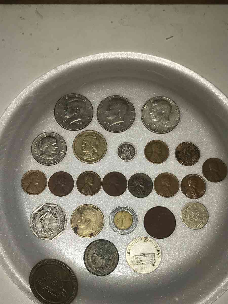 u s coins and foreign coins and tokens and button with shank
