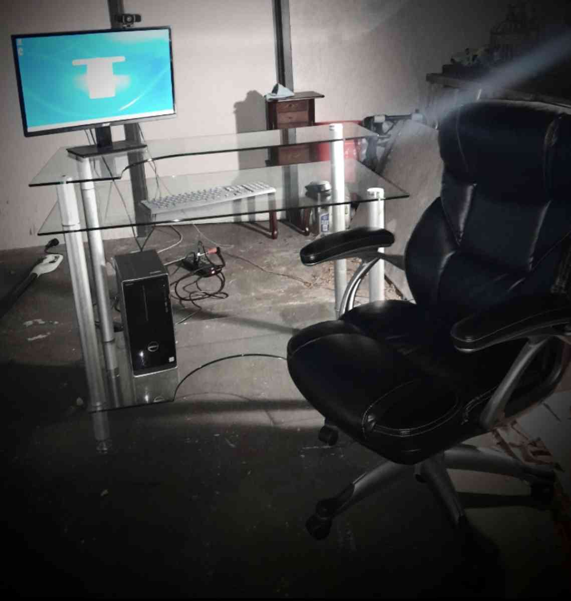 glass computer desk with leather office chair