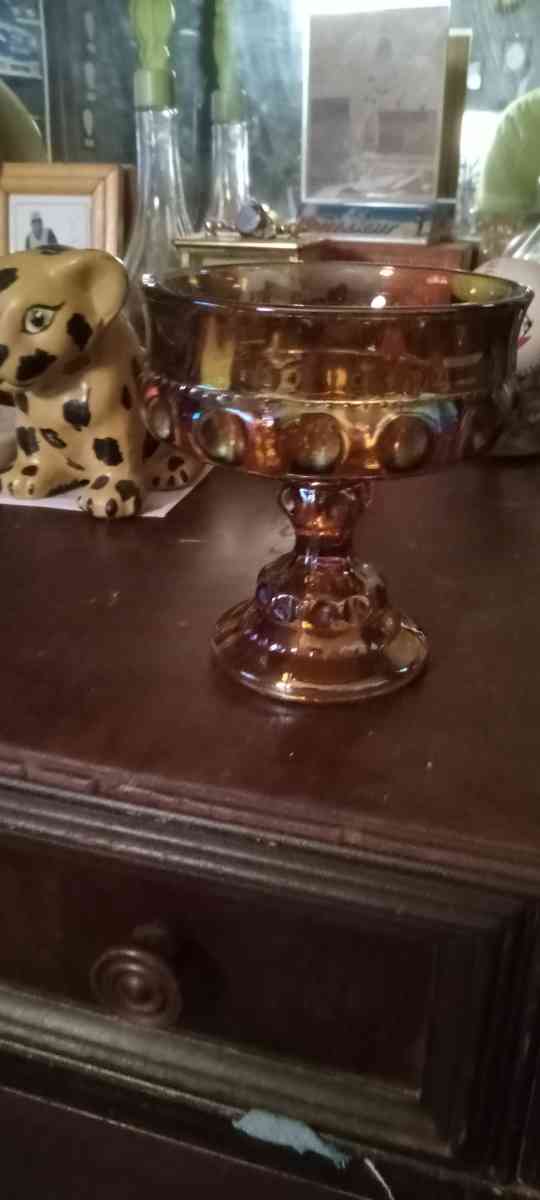 vintage Indiana iridescent glass pedestal bowl