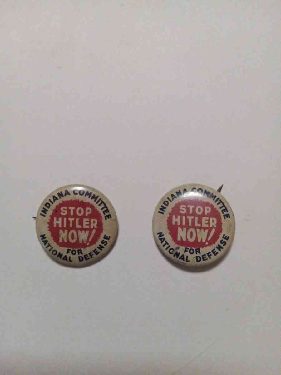 antique stop Hitler pinback buttons  two