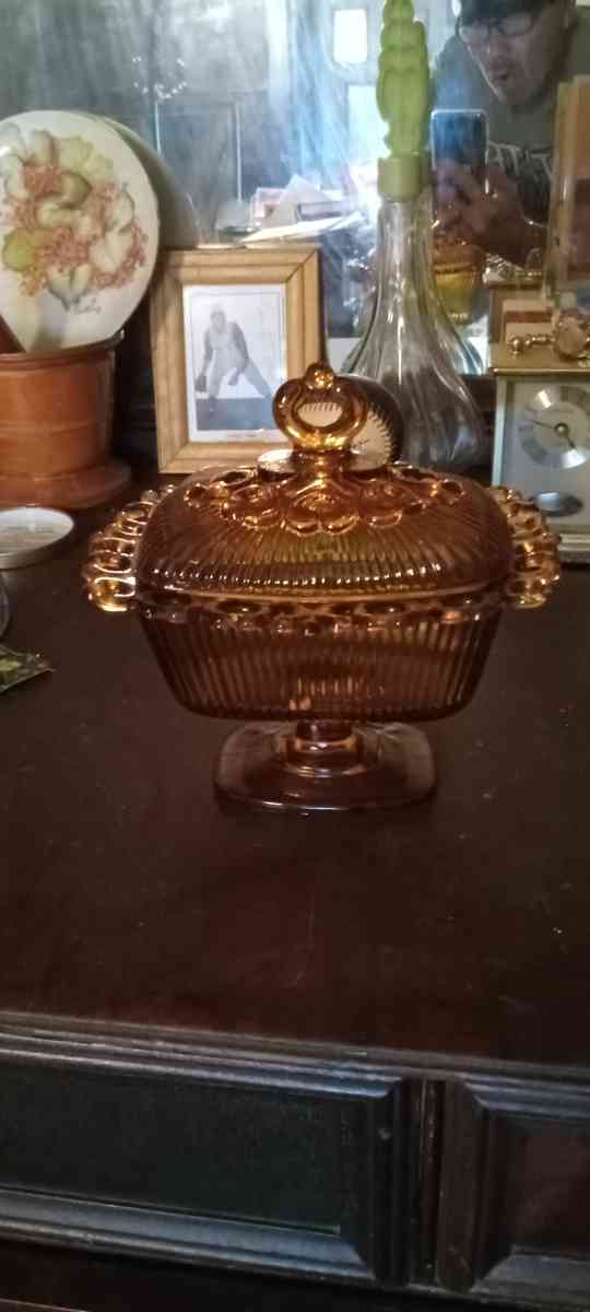 antique amber candy dish