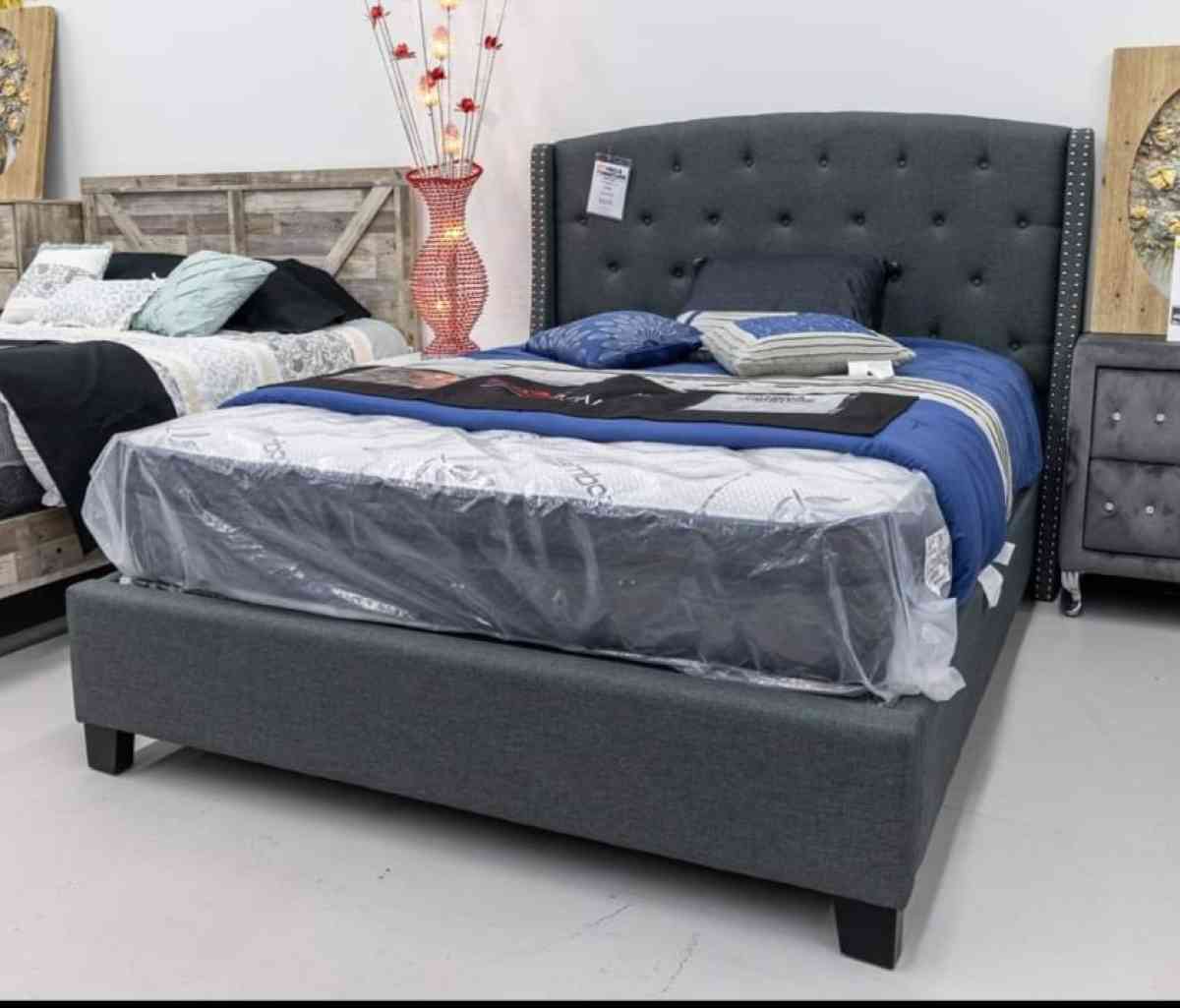 Eva gray Queen upholstered bed frame