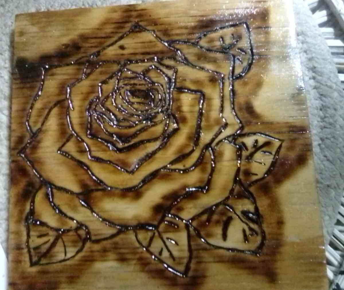 hand crafted wood burned rose plaque