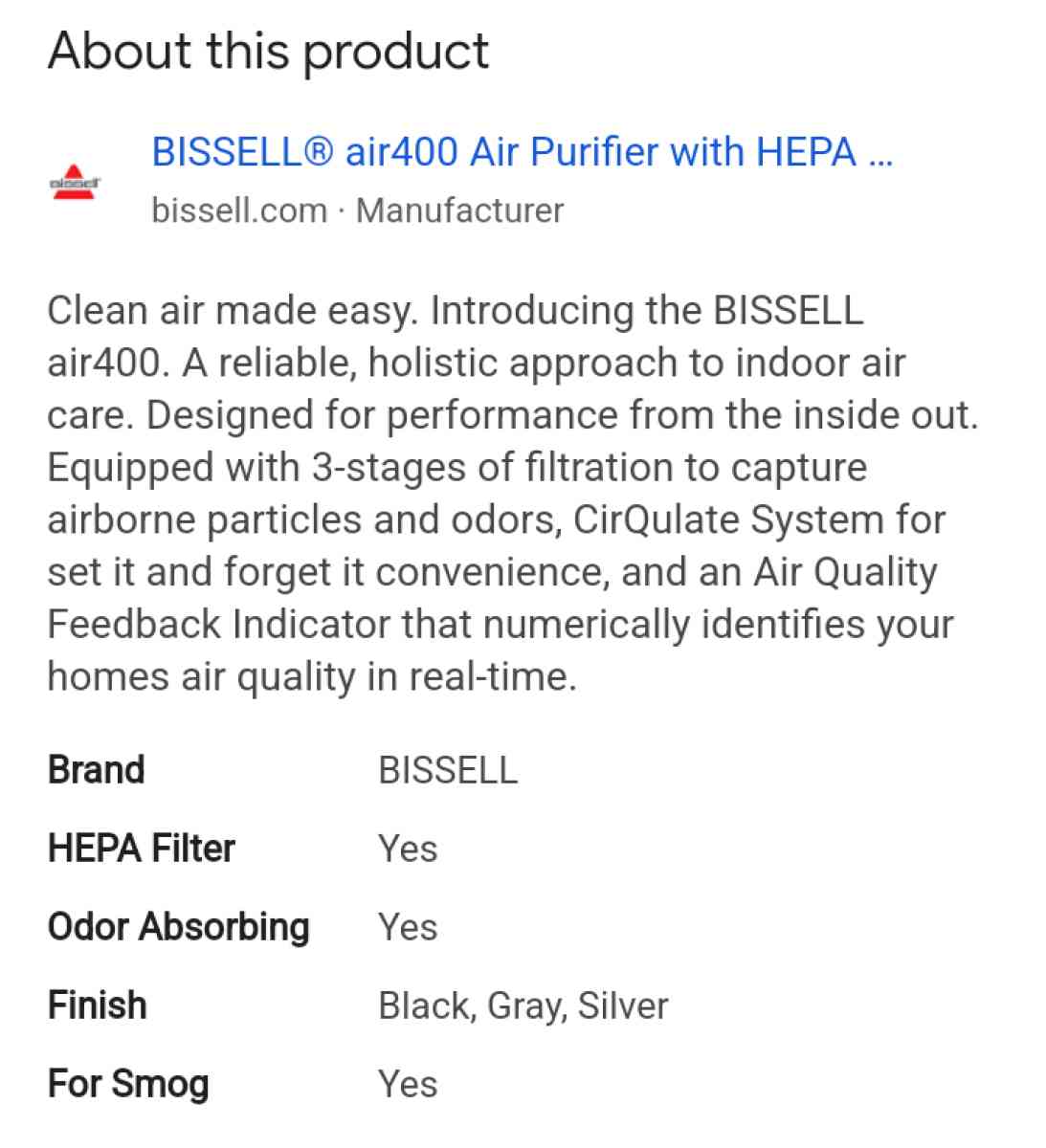 Bissell Air400 Hepa Air Purifier