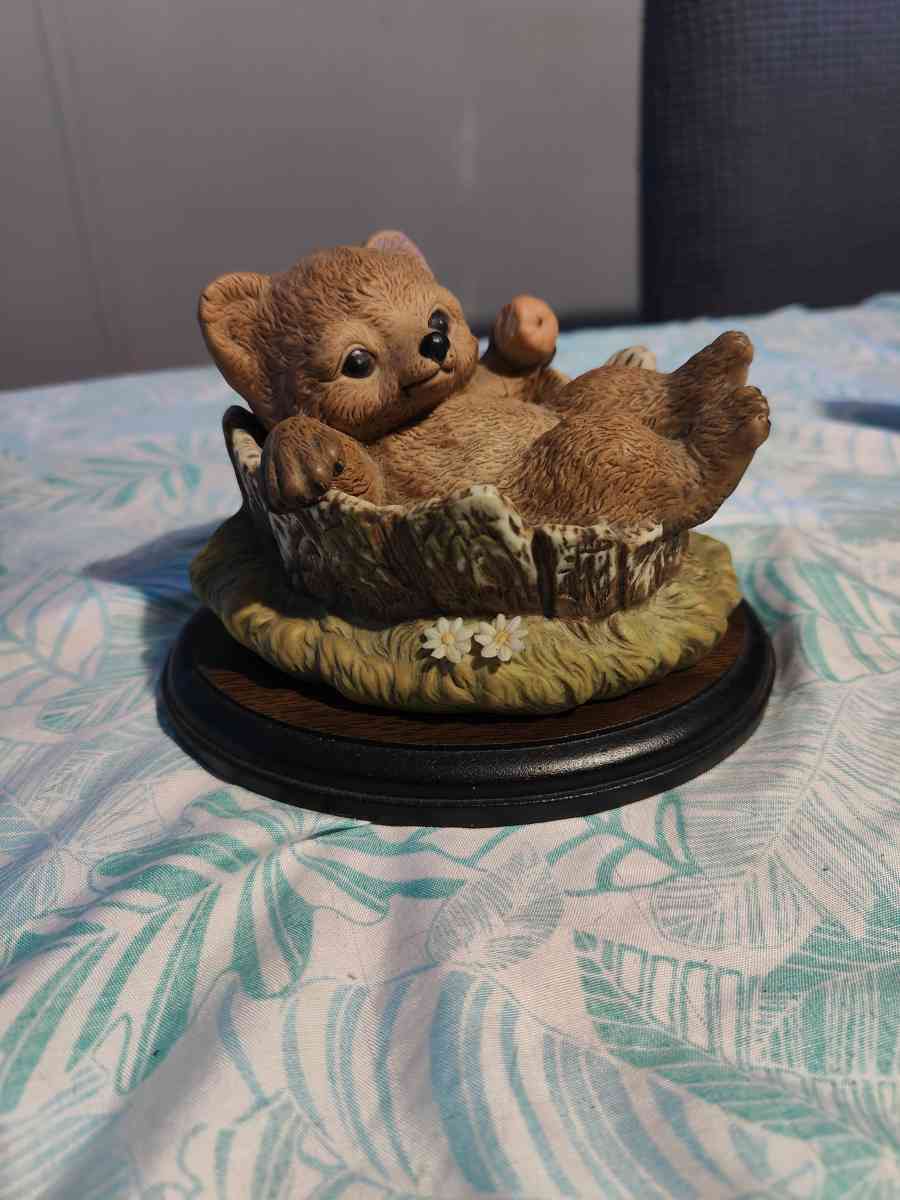 adorable baby bear in tree stump eating apple knick knack ma