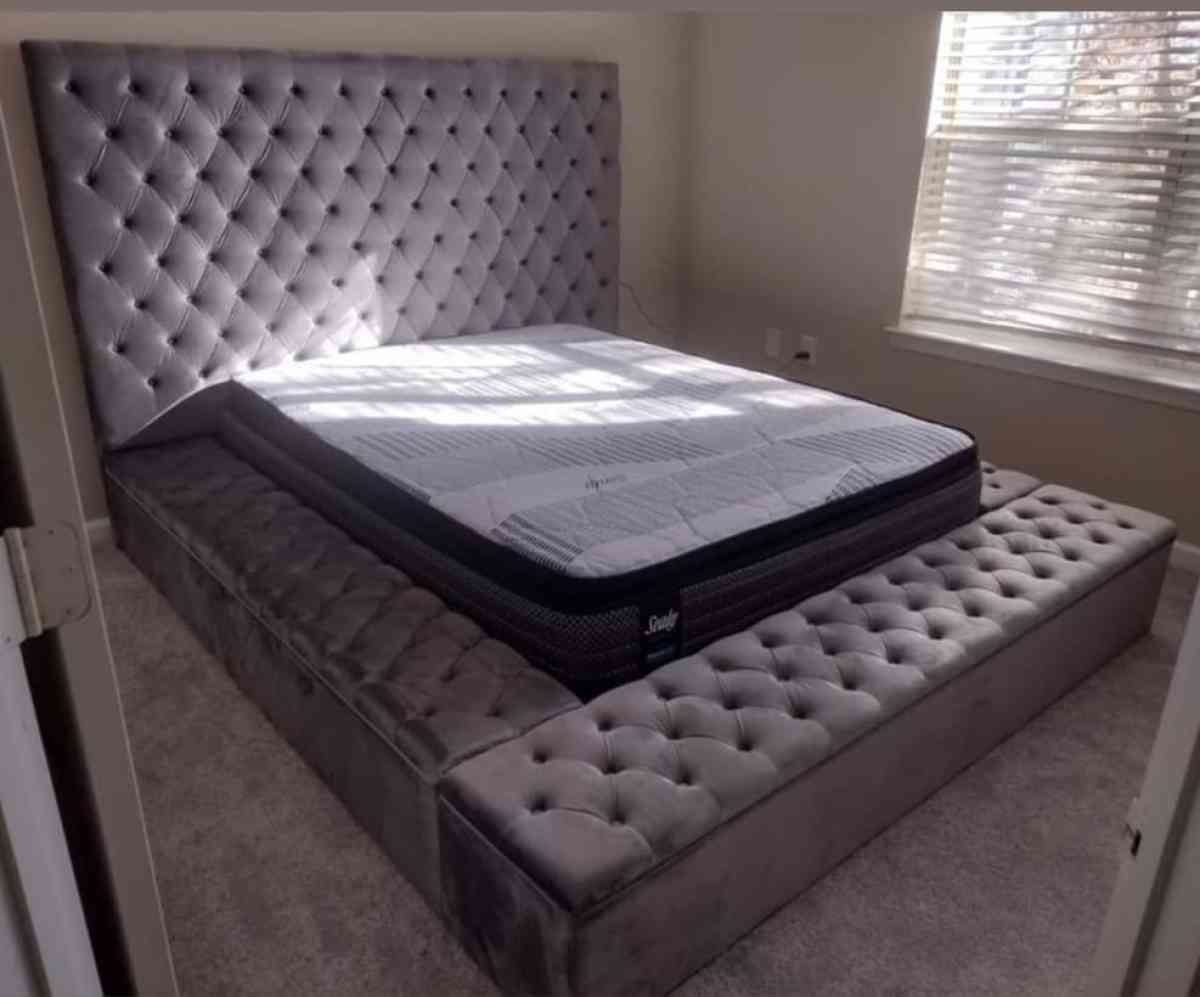 Gray velvet Queen storage platform bed frame cama