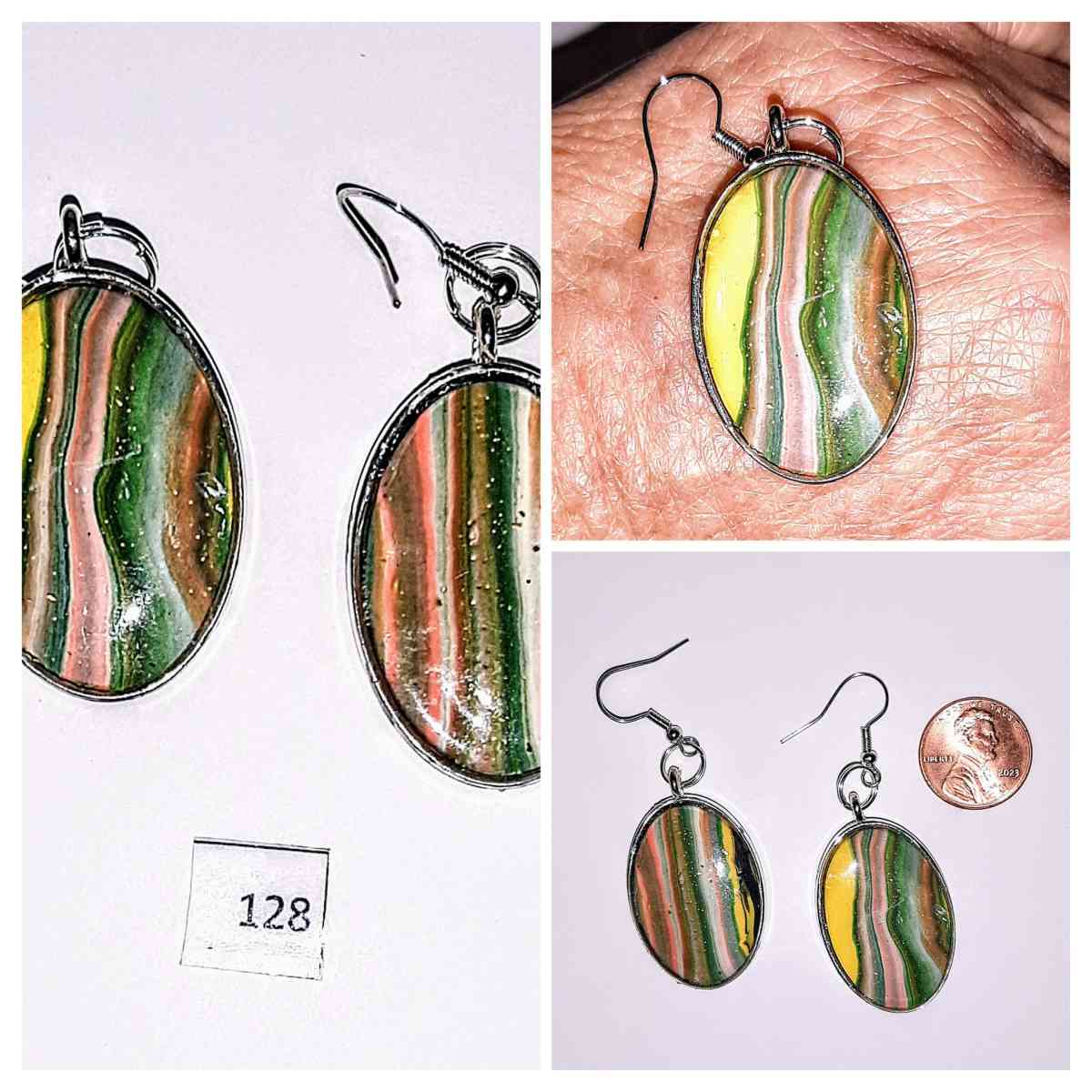 Handcrafted Oval Abstract Earrings w Stripes