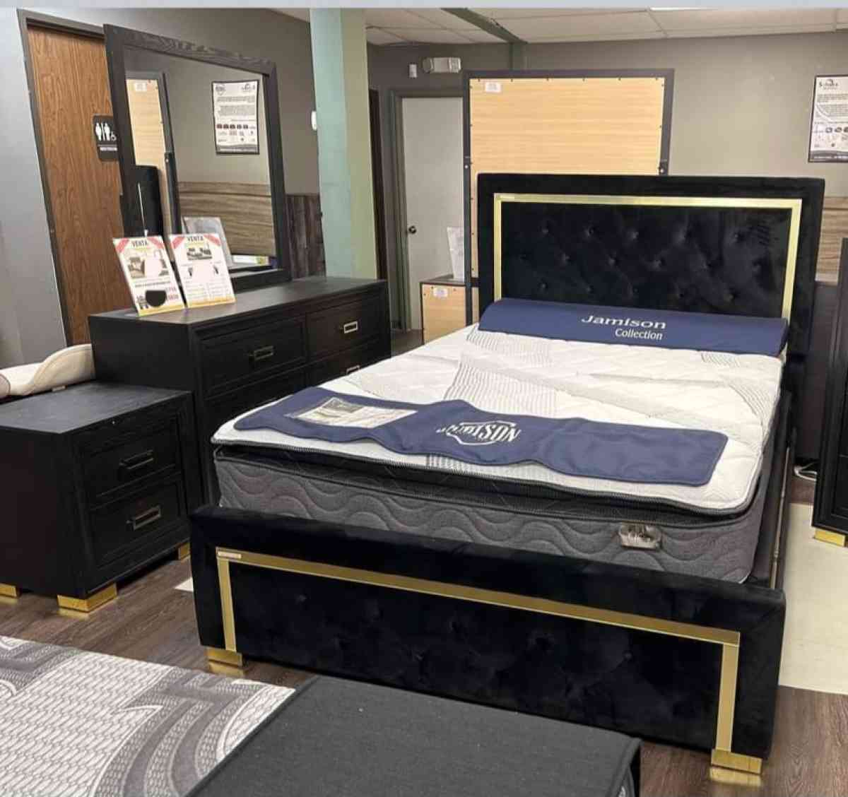 Black gold Panel bedroom set Dresser Mirror NightStand bed