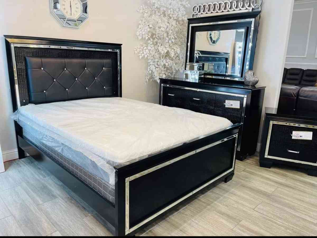 Black LED bedroom set dresser mirror nightstand bed