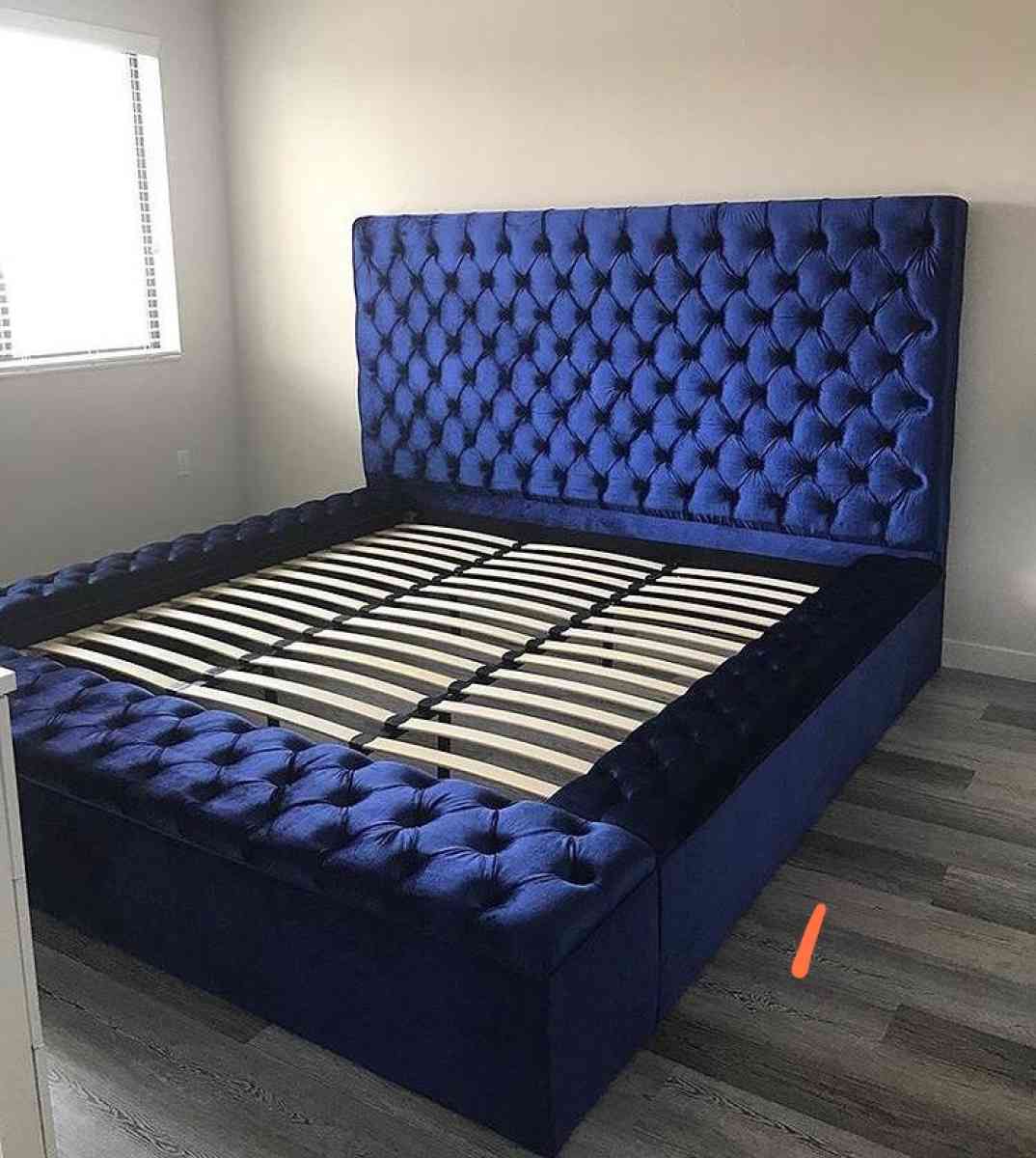 Blue Velvet Queen Storage Platform Bed Frame Cama