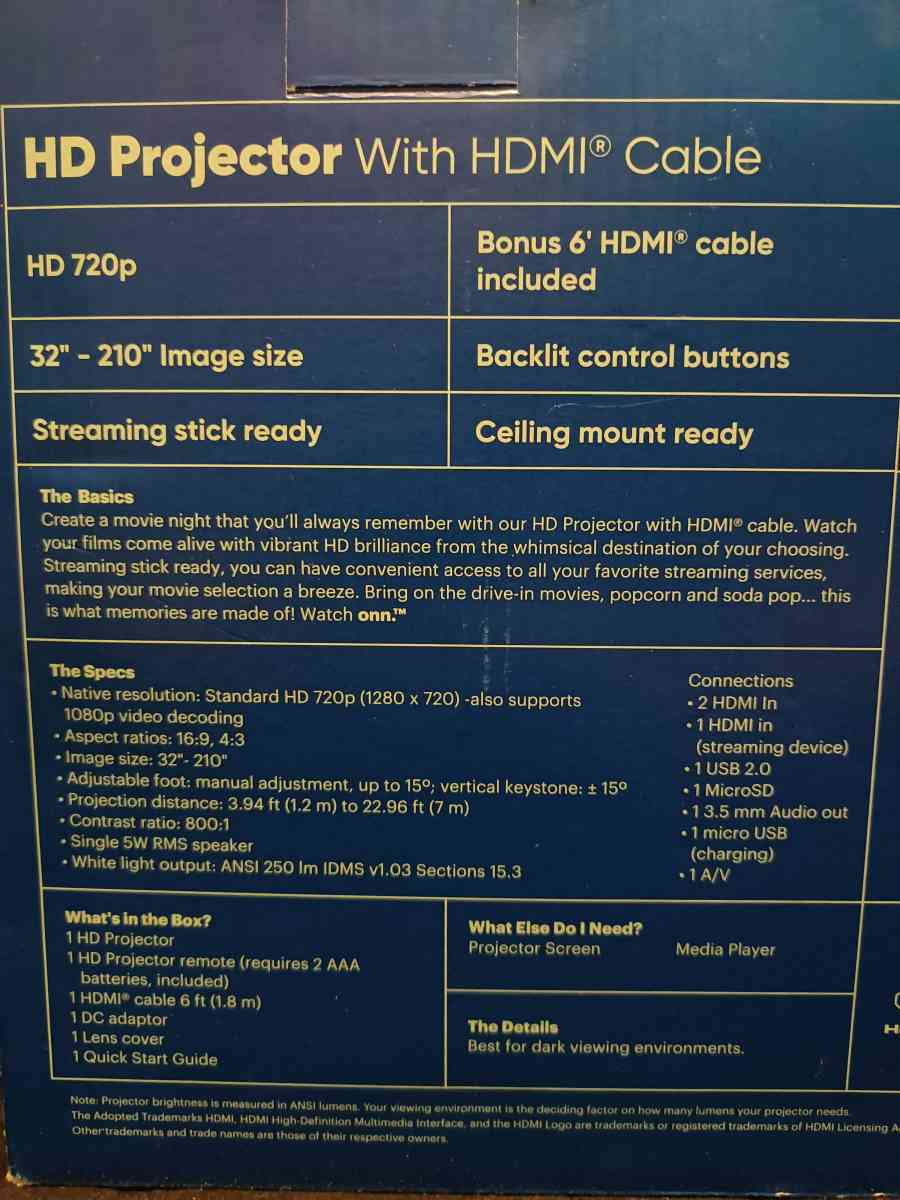 onn  HD Projector with HDMI Cable