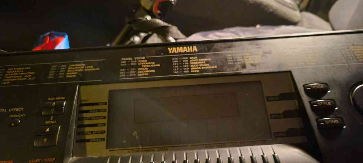 a Yamaha synthesizer and stage snake and speakers