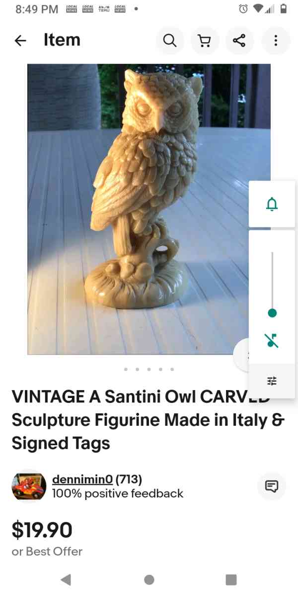 Alabaster carved figurine white owl w red eyes