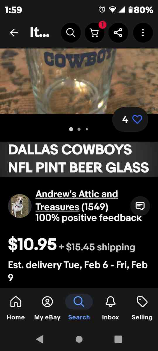 Collectable Dallas Cowboys 1 pint Glass