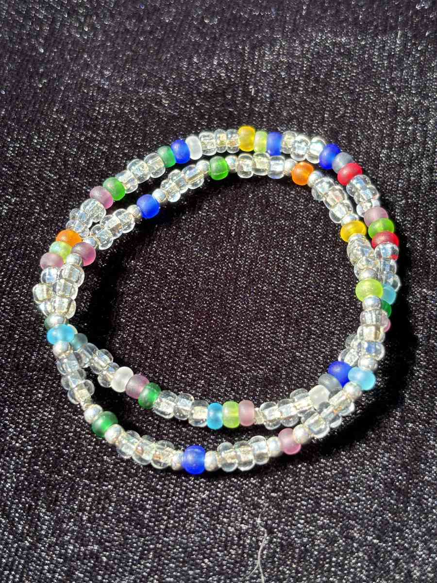Handmade elastic rainbow and clear beaded bracelets
