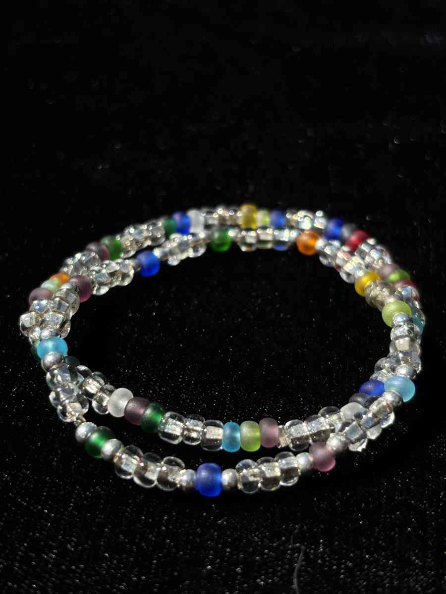 Handmade elastic rainbow and clear beaded bracelets