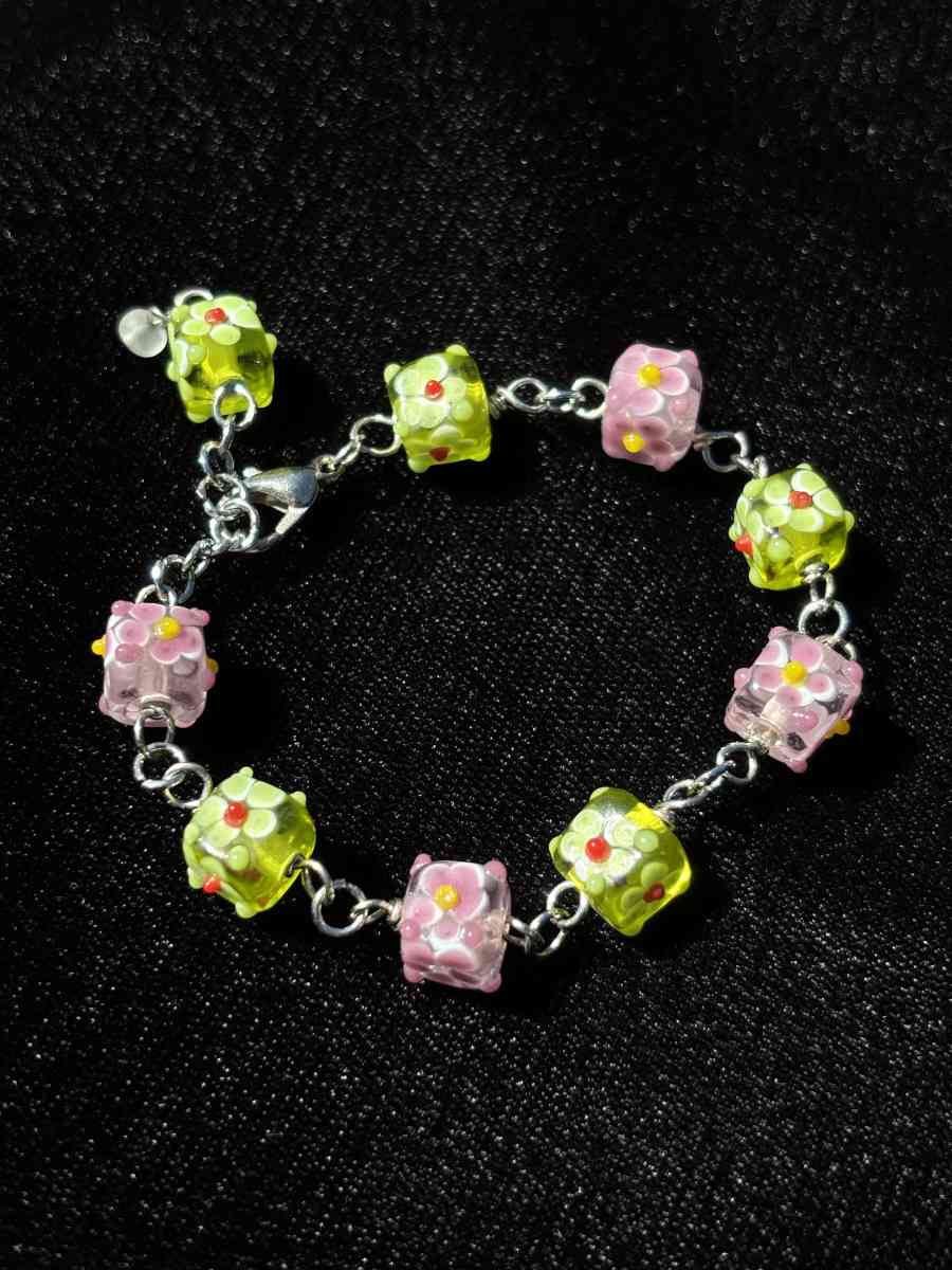 Handmade pink and green textured glass bracelet