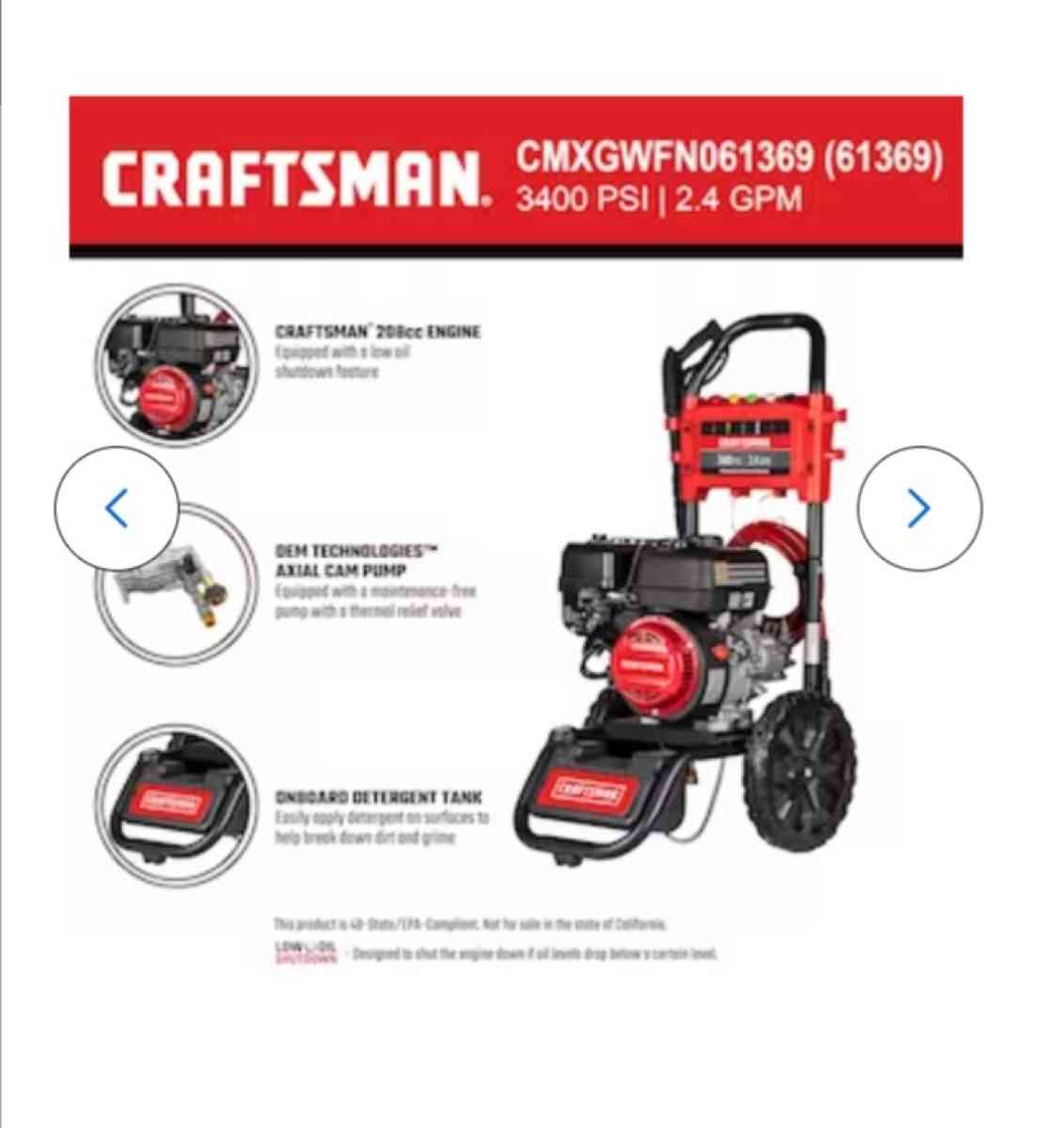 CRAFTSMAN 3400 PSI 24Gallons Cold Water Gas Pressure Washer