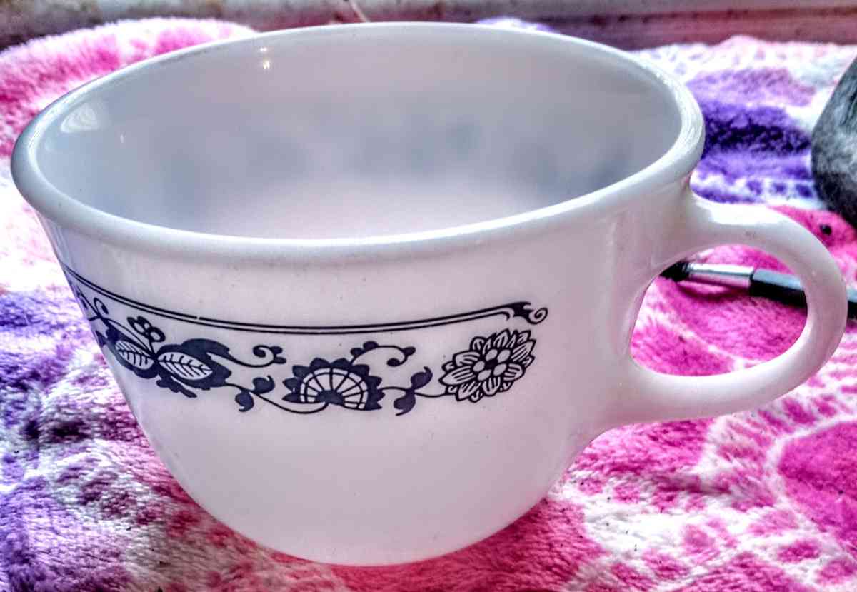 Pyrex Milk Glass Cup with Blue Flowers Design