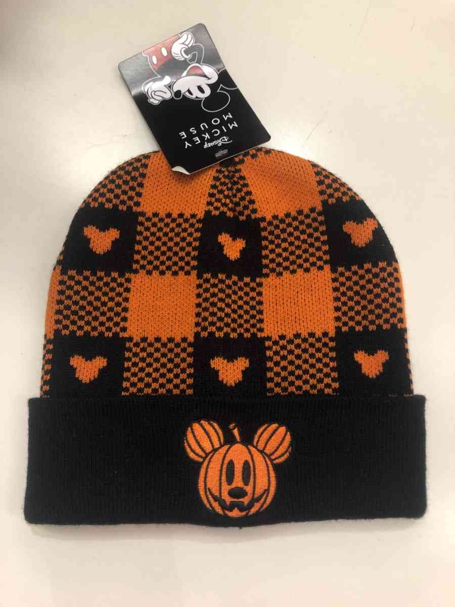 Disney Halloween Mickey Mouse Orange and Black Plaid Beanie