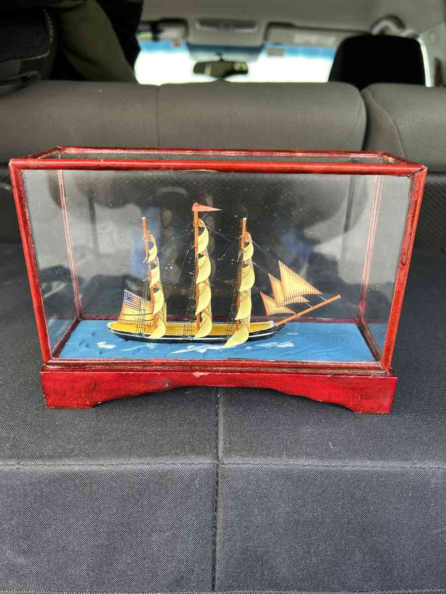 SHIP IN GLASS DISPLAY CASE WITH WOOD BASE