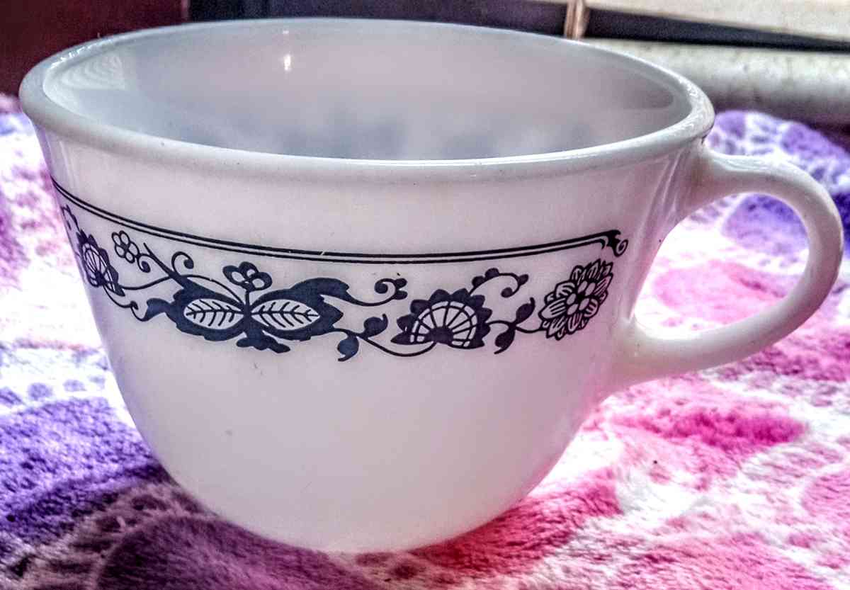 Pyrex Milk Glass Cup with Blue Flowers Design