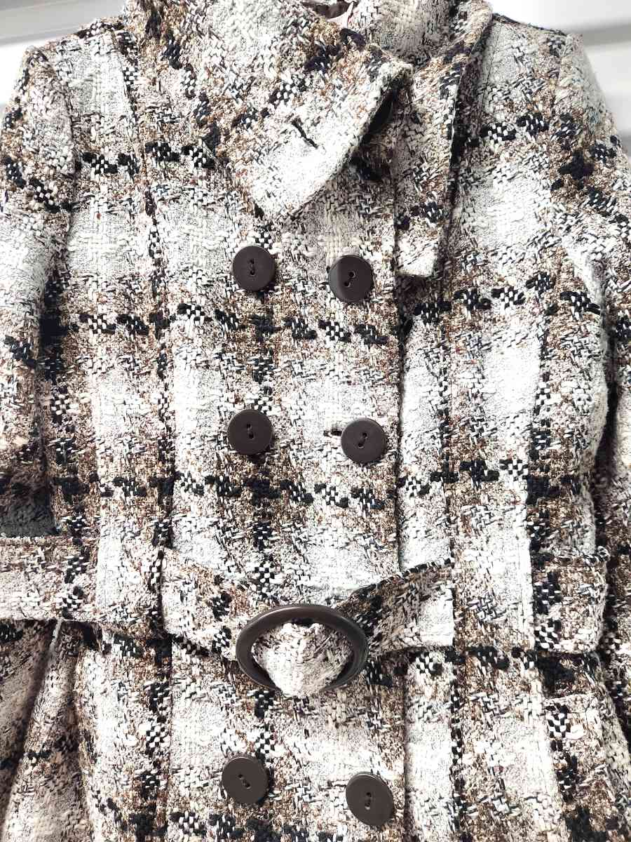 Pura Vida Brown and Grey with Gold Tinseling Plaid Peacoat