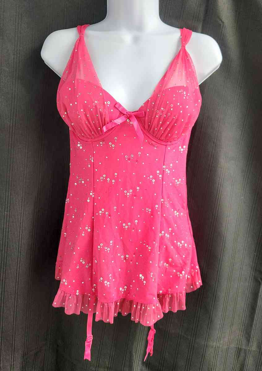 Victorias Secret Hot Pink Sparkle Gartered Babydoll Corset