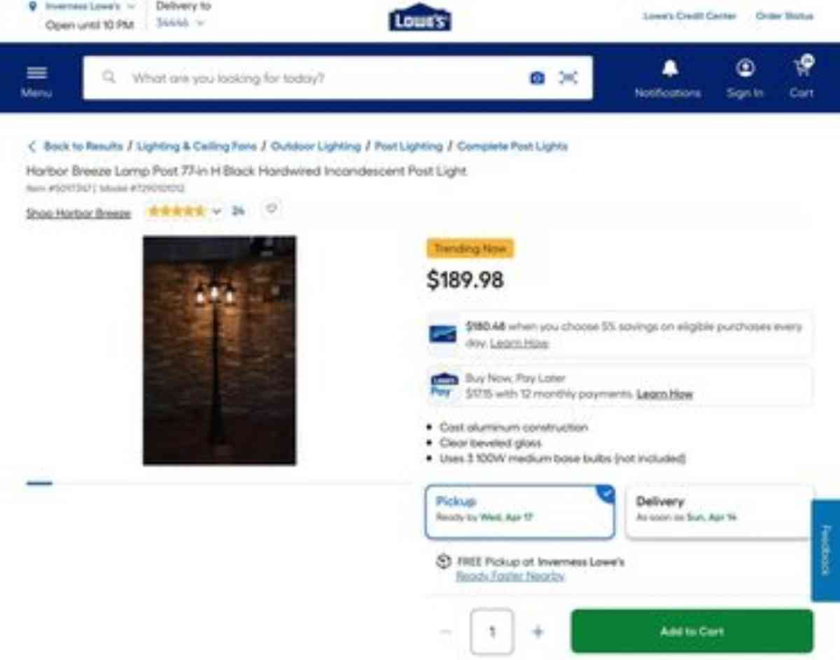 Harbor Breeze 3 Light Lamp Post - Homosassa, Florida - FleaMarketBay