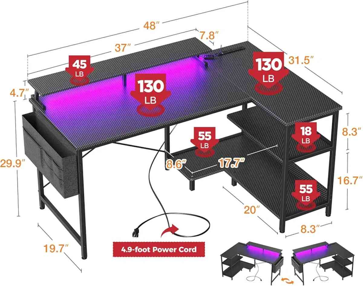 ODK Gaming Desk with Led Lights and Charging Station