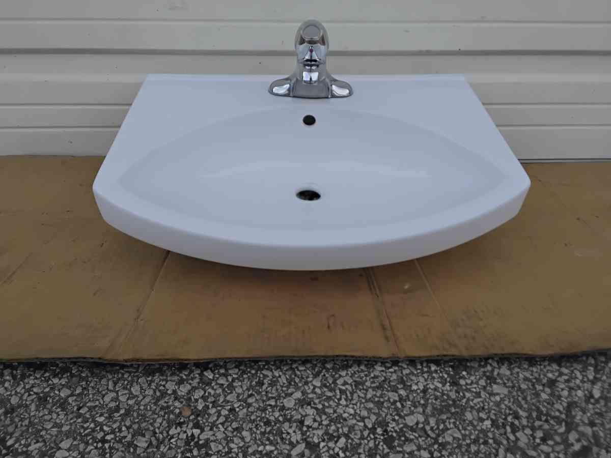 White Bathroom Wall Mount Vanity Sink Plus Faucet Like New