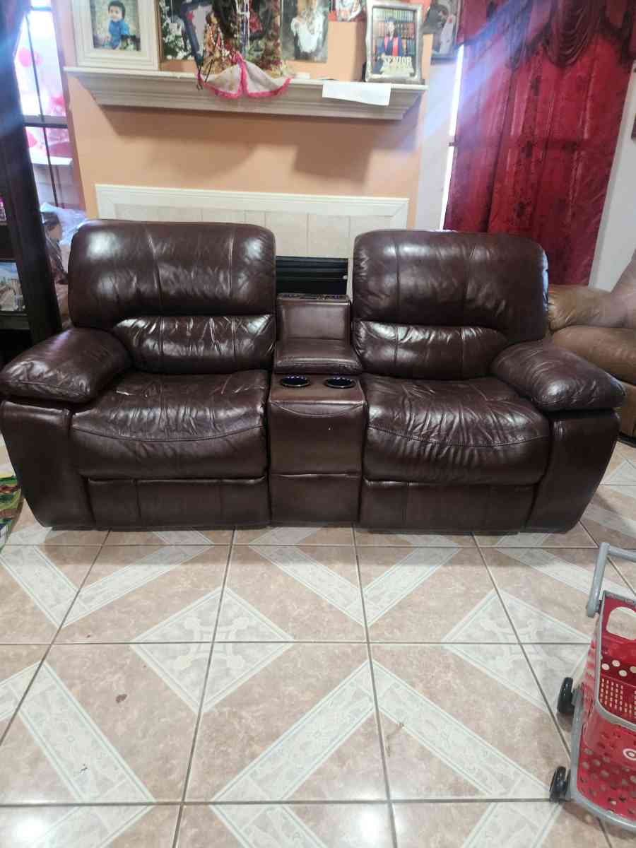 Brown leather electric recliner loveseat