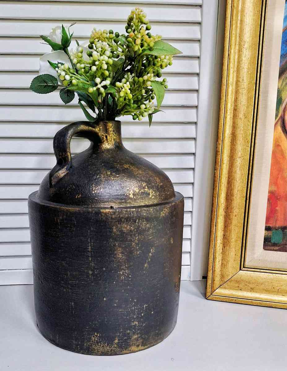 Large Vintage Black  Antique Gold Whiskey Jug