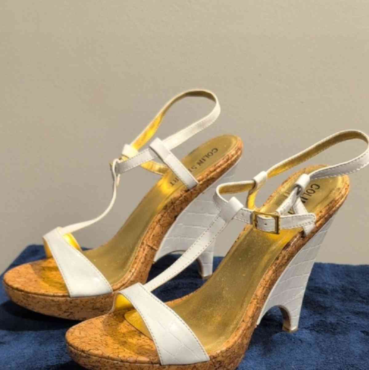 Gold and White Platform Sandals with Cork Wedge size 10