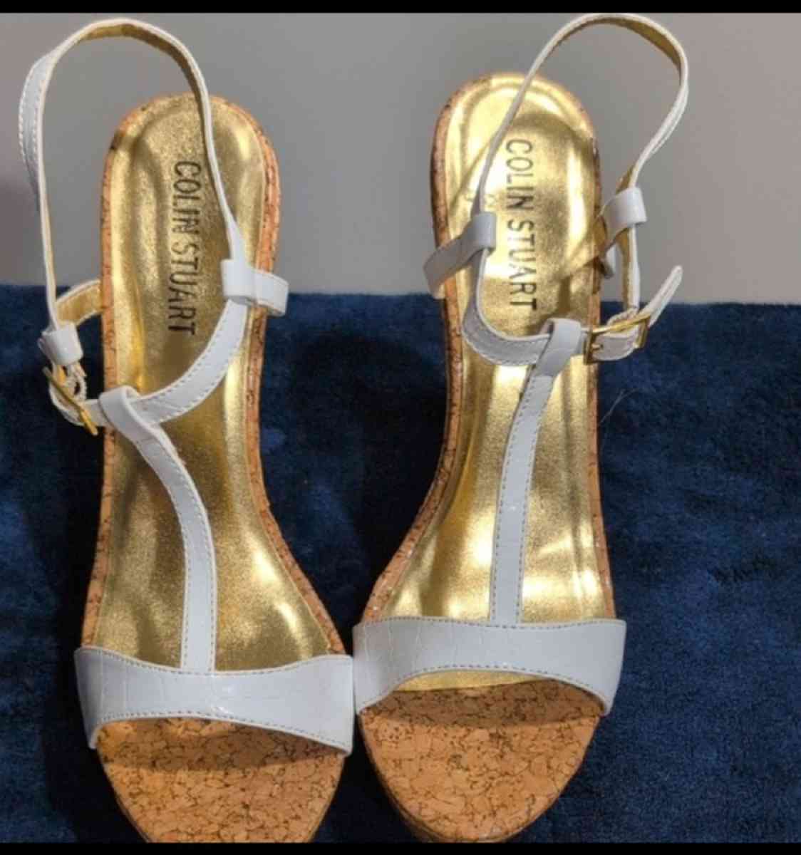 Gold and White Platform Sandals with Cork Wedge size 10