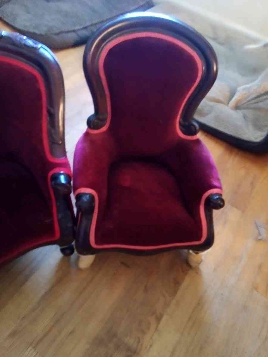 childrens Victorian style couch and chairs velvet  mahogany