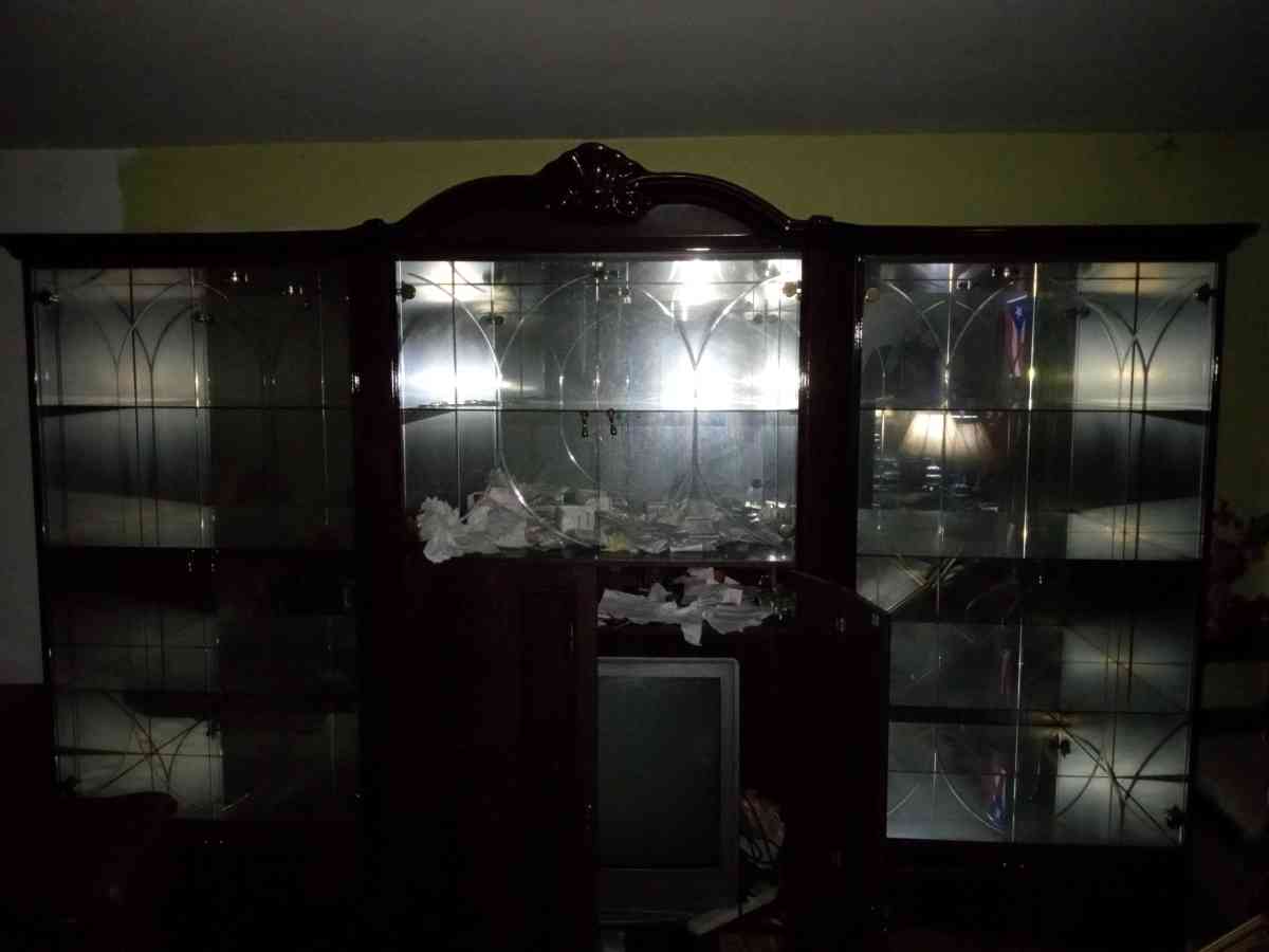 LIKE NEW AUTHENTIC WOOD AND GLASS LIGHTED ARMOIRE WITH DOORS