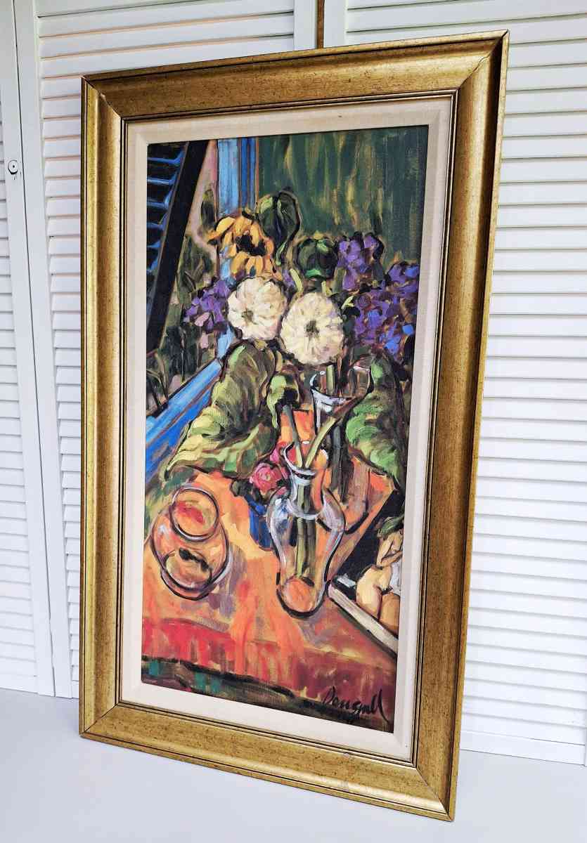 Vibrant Floral Still Life Art Print with Vase and Bowl