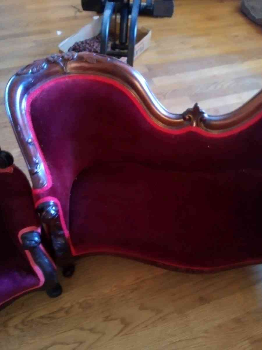 childrens Victorian style couch and chairs velvet  mahogany