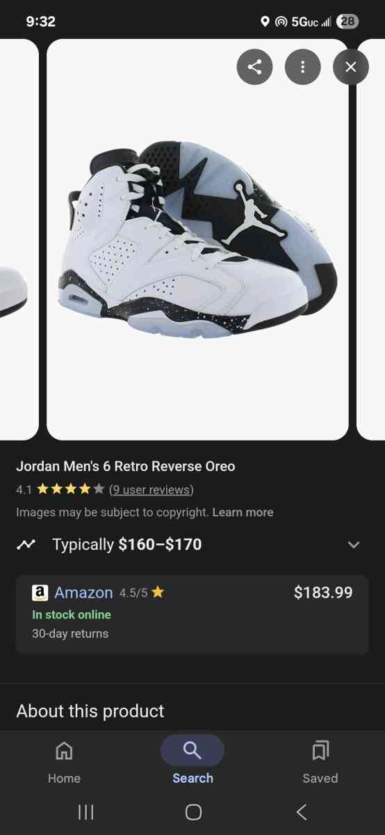 Jordan Mens 6 Retro Reverse Oreo